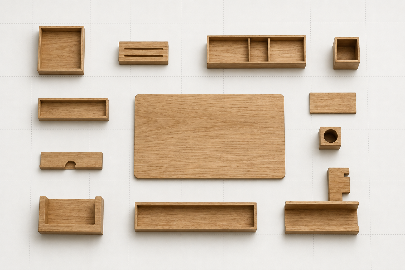Modular oak desk accessories arranged as selectable modules on a faint grid