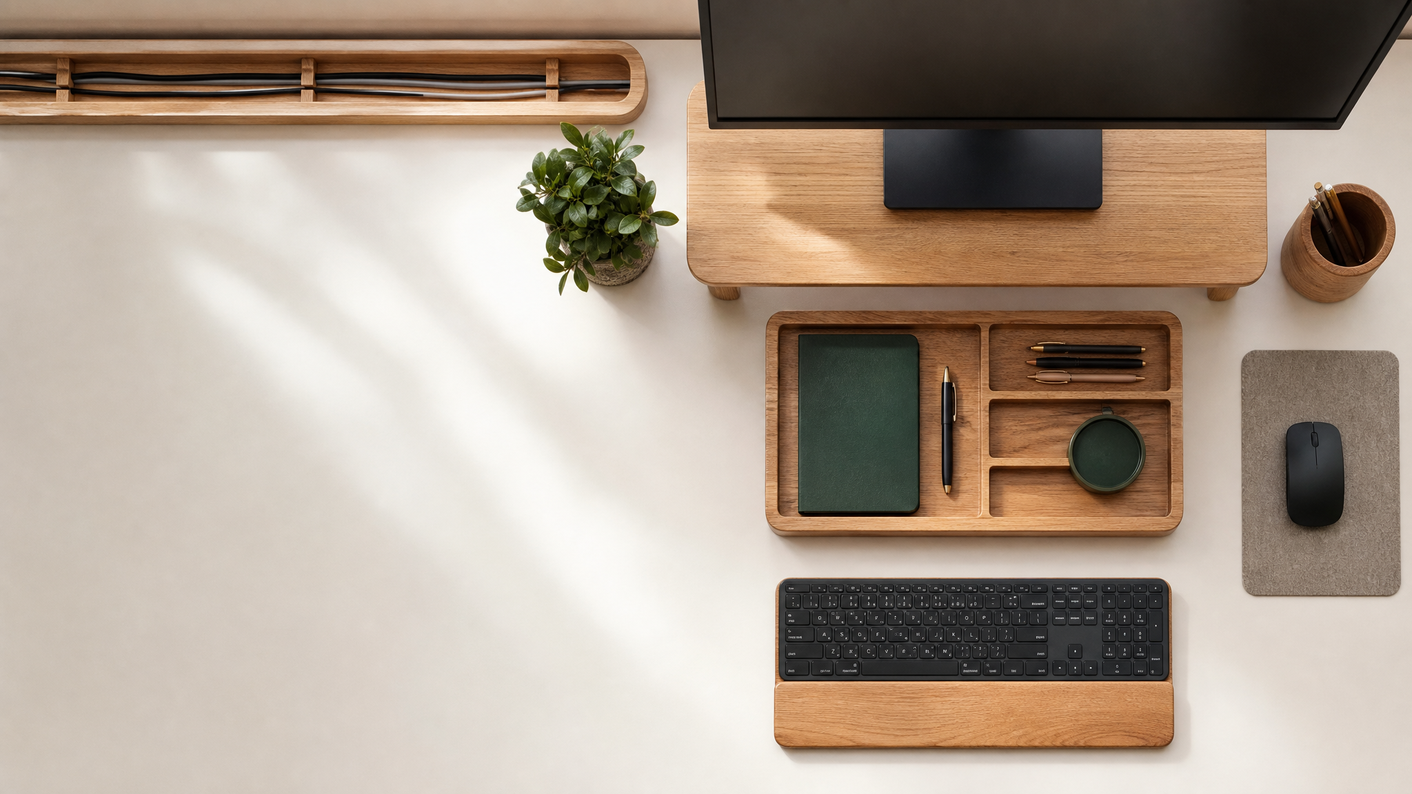 An overhead view of a tidy oak home-office desk with a monitor riser, divided organizer, pen pot and routed cables